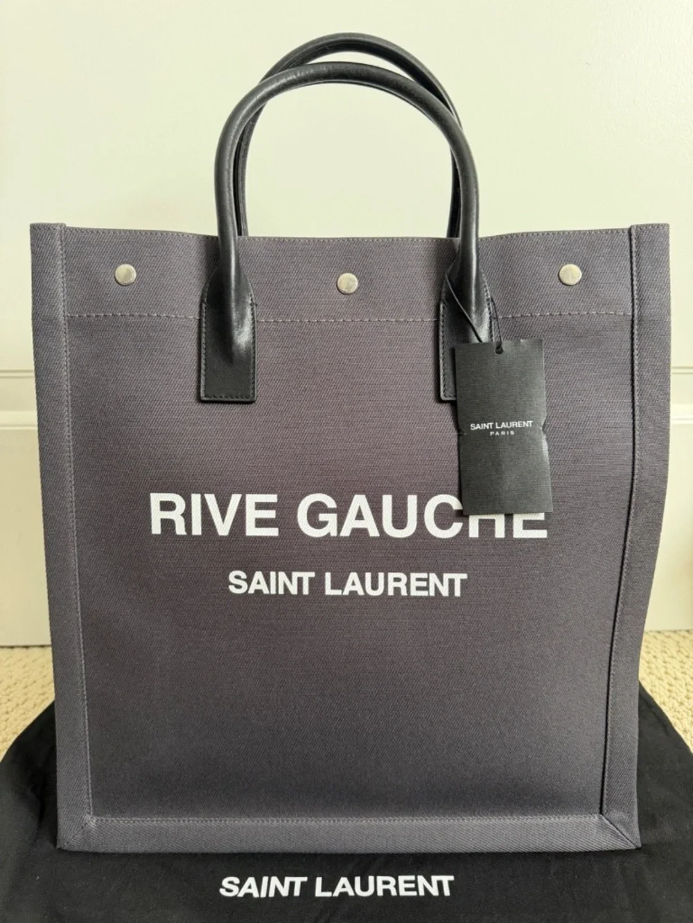 Saint Laurent YSL Rive Gauche Gray Canvas Logo Black Leather Tote Bag - Picture 14 of 16